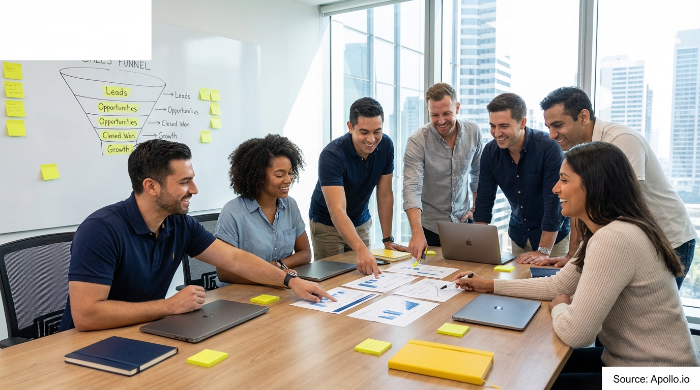 Sales professionals discussing strategy around a conference table optimizing CRM workflows