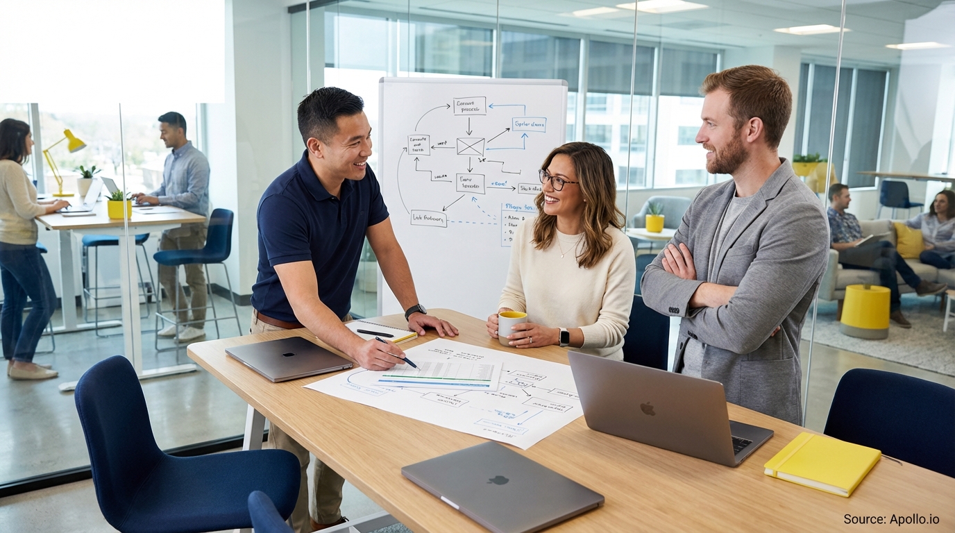 Sales team collaborating in a modern open-plan office analyzing sales pipeline