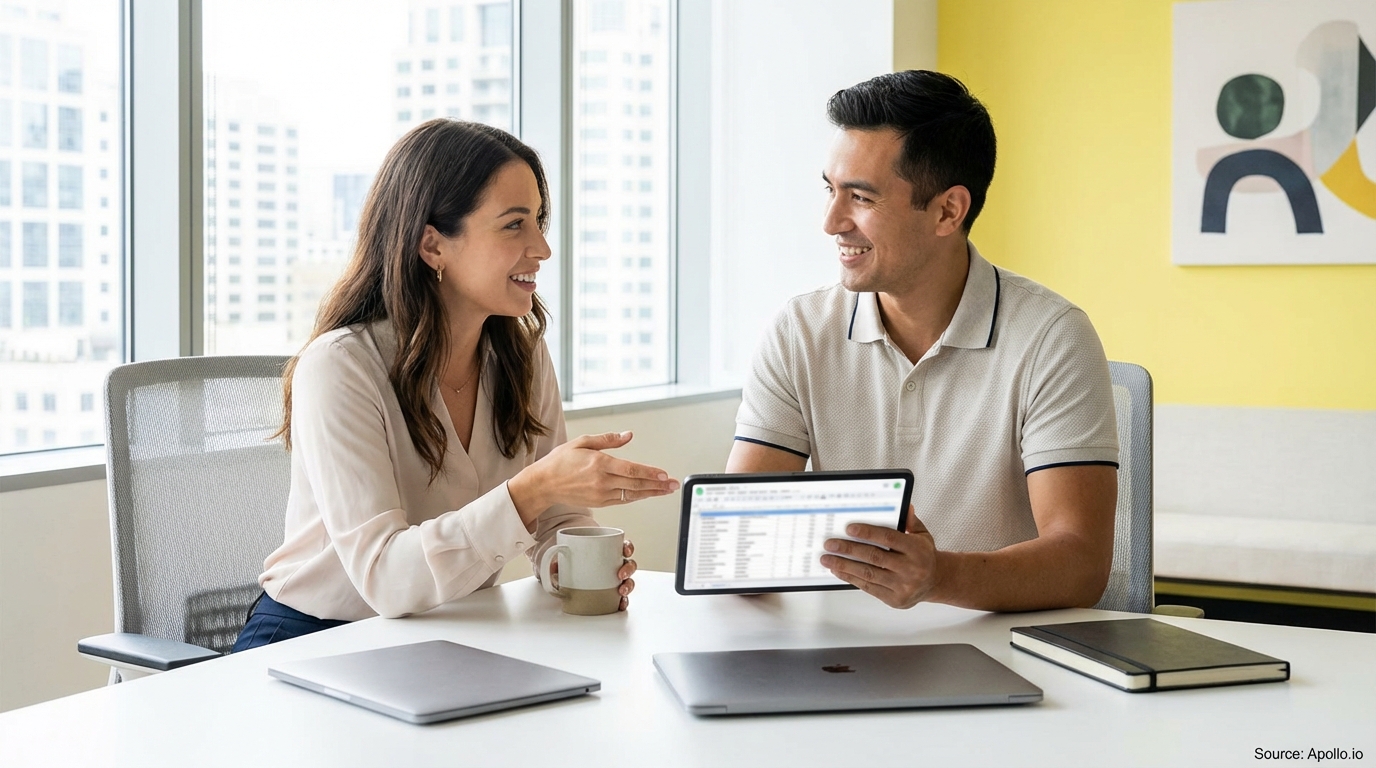 Two colleagues discuss a spreadsheet on a tablet at a modern office desk.