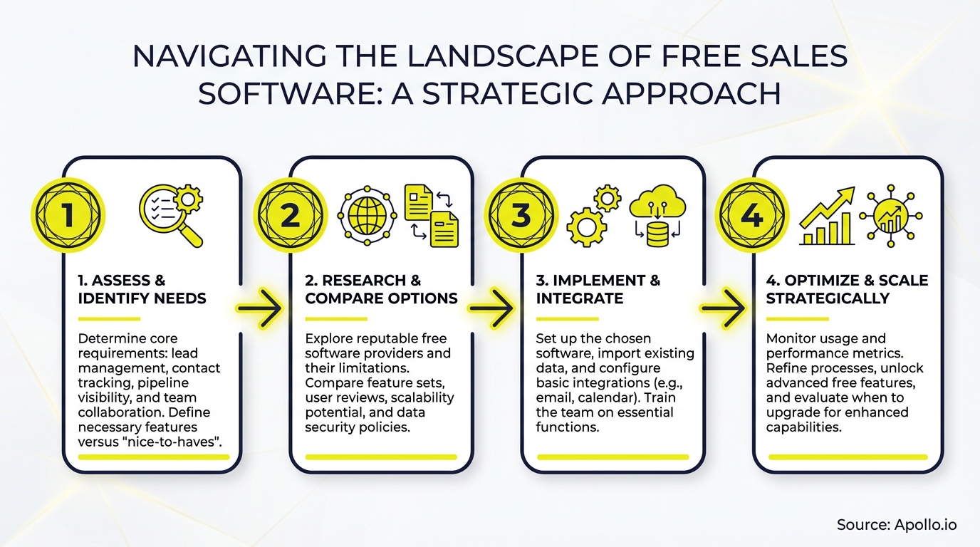 A four-step infographic illustrates navigating free sales software, from assessment to optimization.