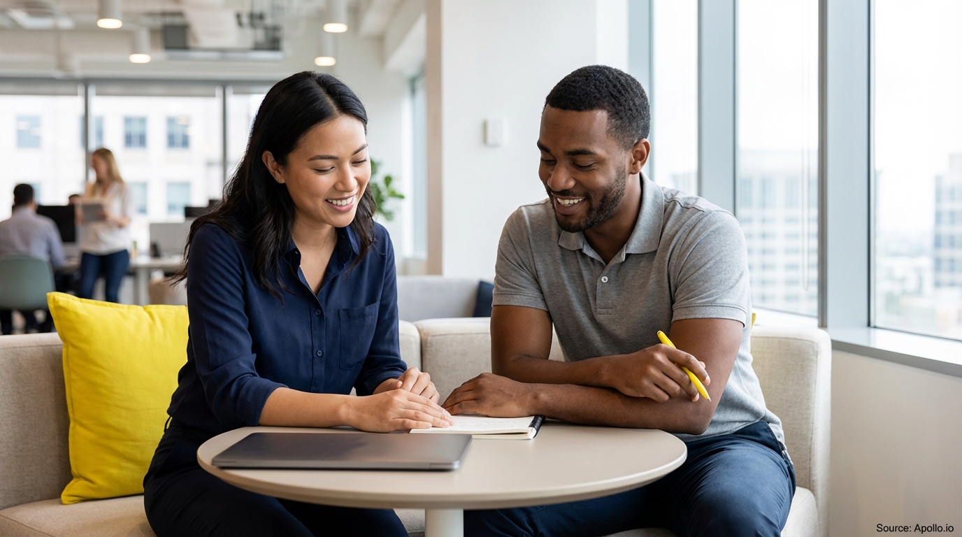Two smiling professionals discuss notes at a table in a bright modern office.