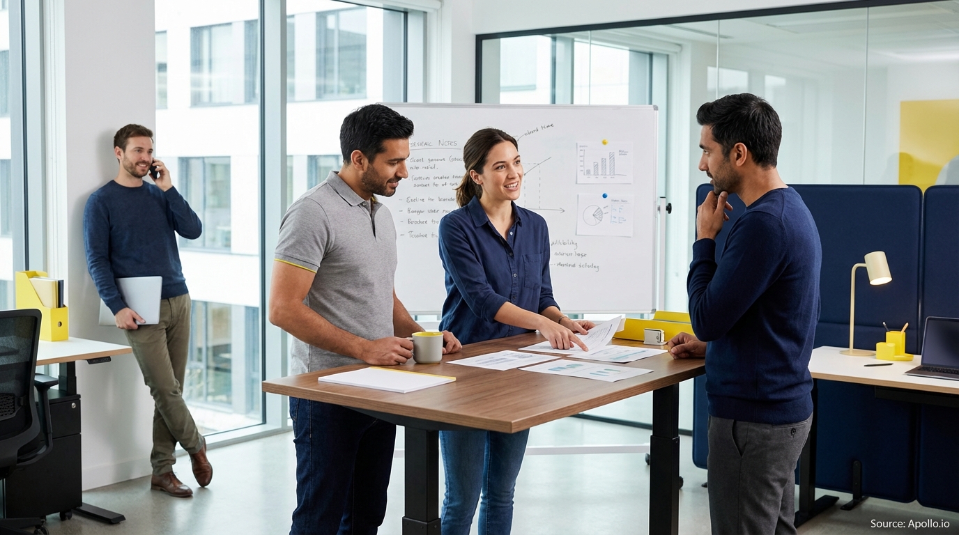 Sales team collaborating in a modern open-plan office evaluating sales technology options