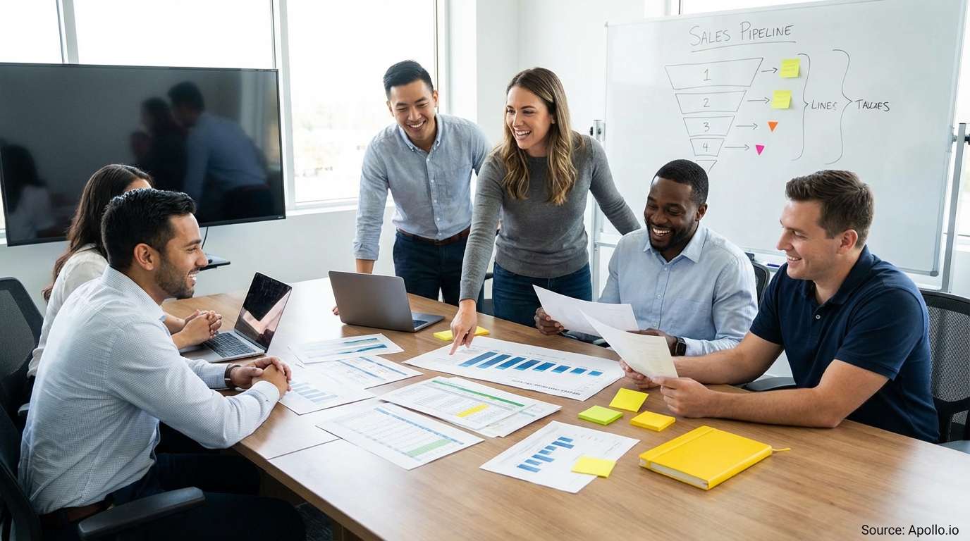 Sales professionals discussing strategy around a conference table evaluating sales technology options