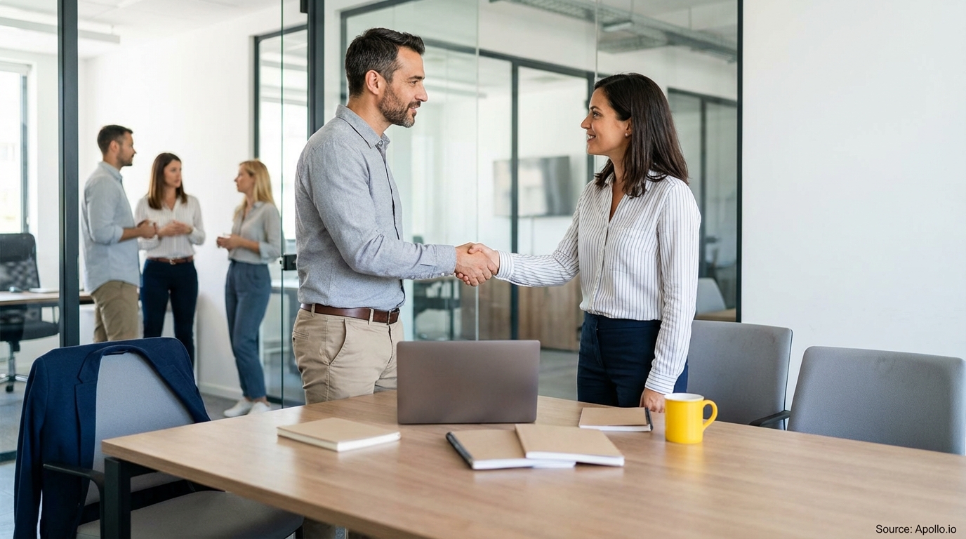 Two professionals shake hands at a modern office table while colleagues chat in the background.