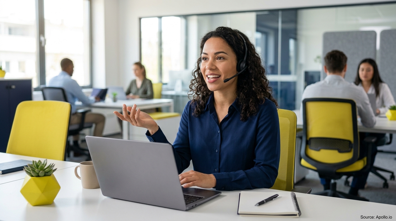 Five people working in a modern office, including a woman in a headset gesturing at her laptop.
