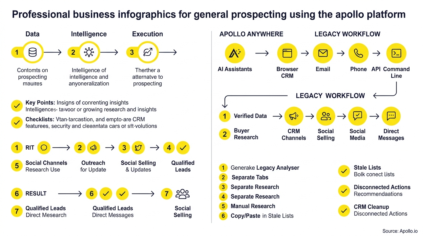 Business infographic featuring yellow icons and flowcharts illustrating steps for data intelligence, lead research, and sales outreach.