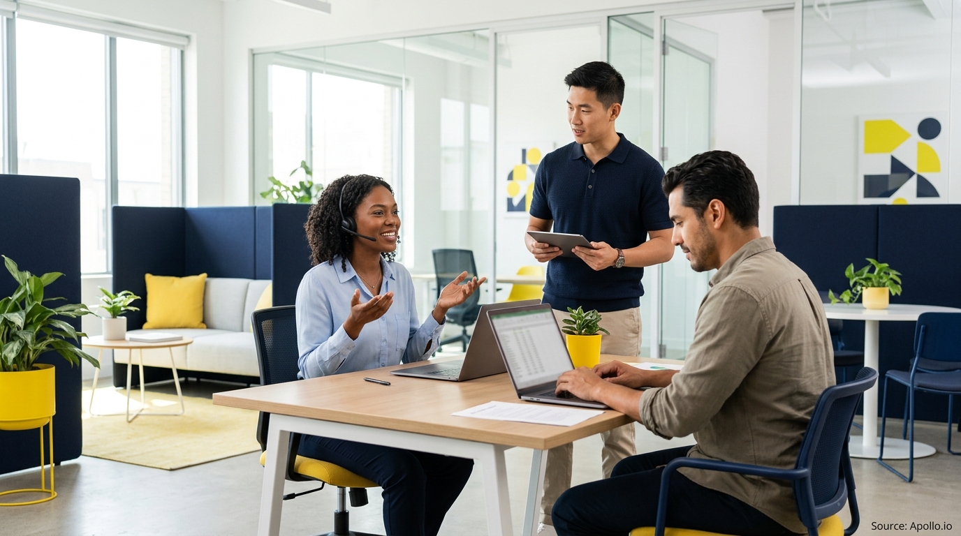 Three professionals collaborate around a desk using laptops and a tablet in a bright, modern office.
