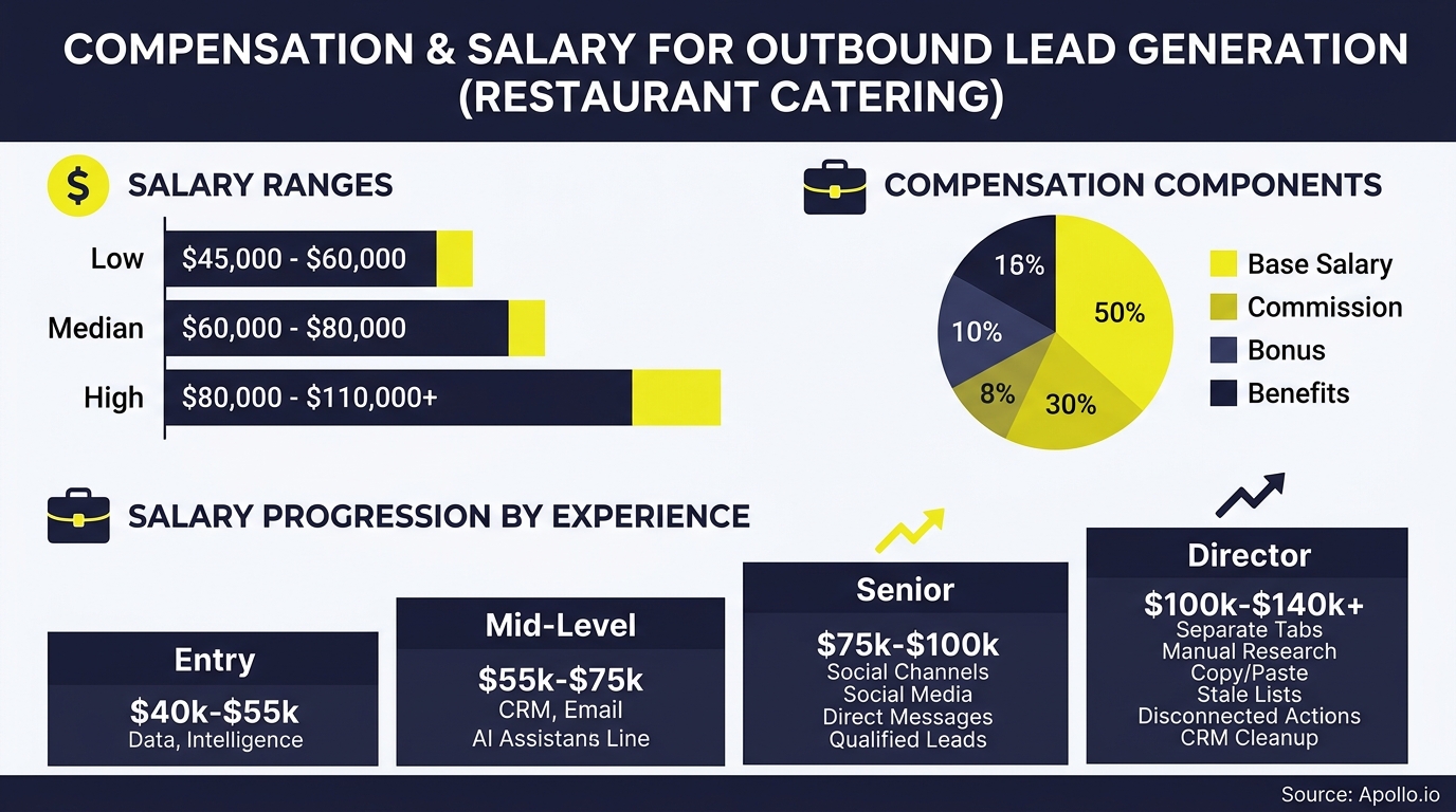 An infographic outlines salary ranges, compensation breakdowns, and career progression for outbound lead generation in restaurant catering.