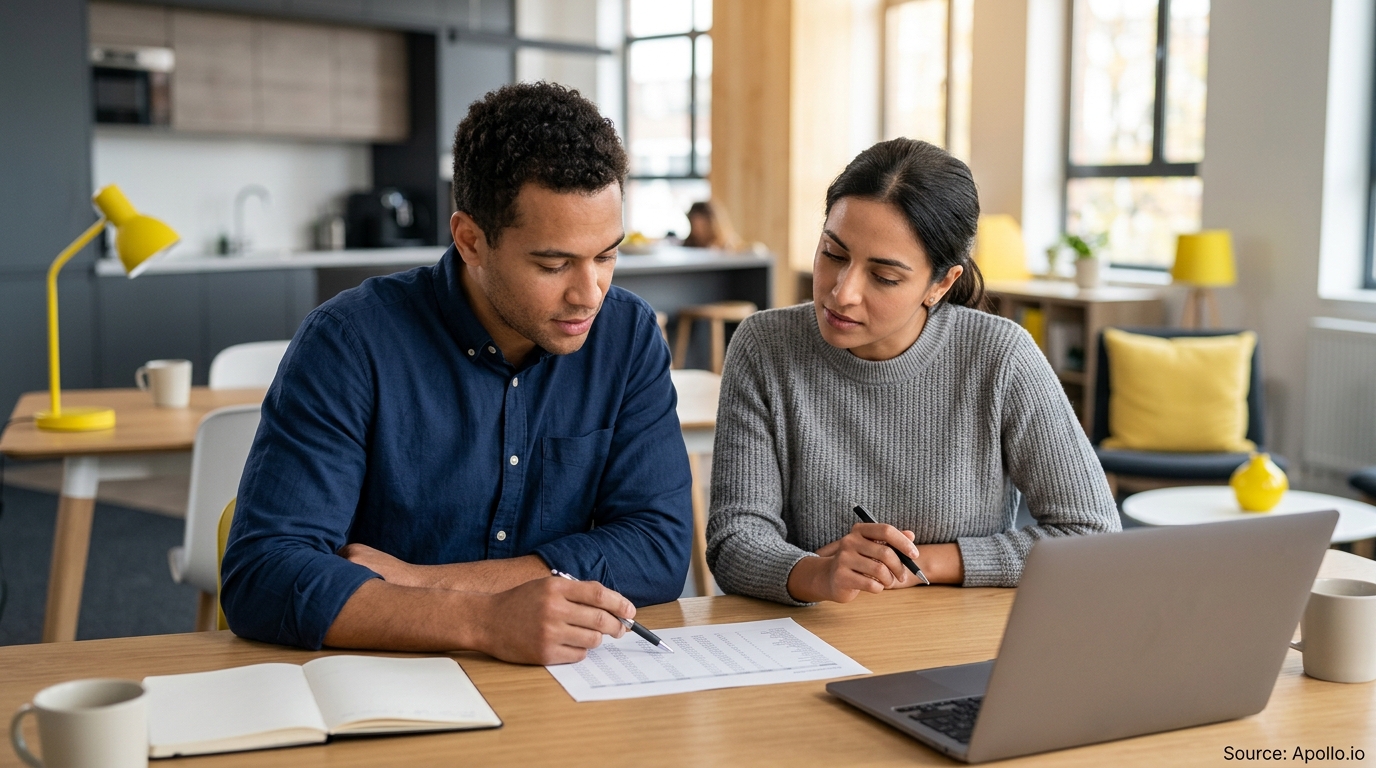 Two colleagues reviewing a printed document together at a modern office table with a laptop.