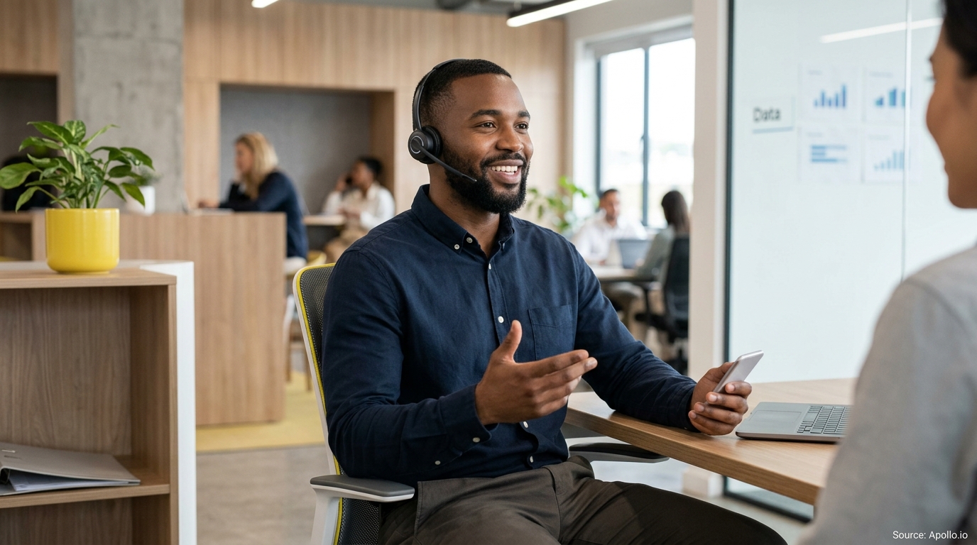 Several professionals work in a modern office while a man in a headset talks and holds a phone.