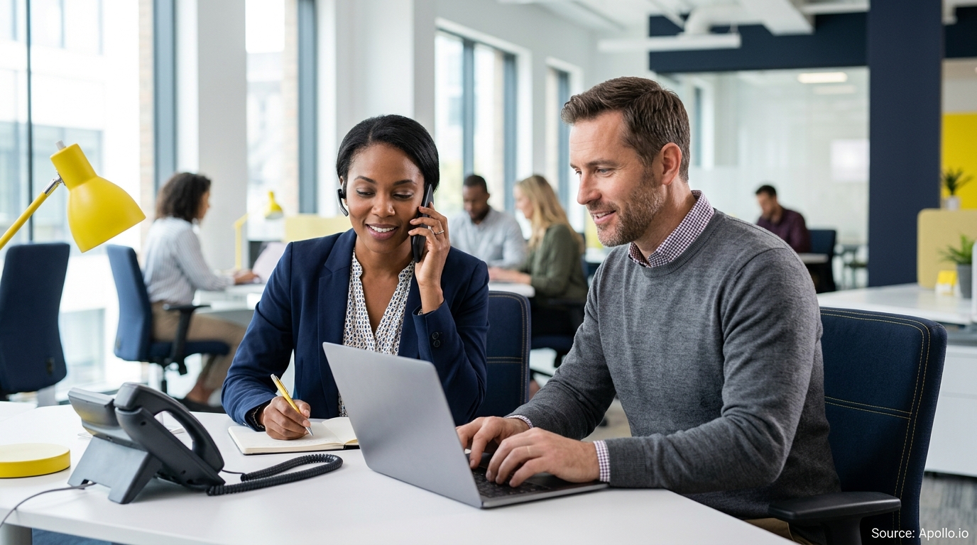 Two professionals collaborate using a laptop and phone while taking notes in a modern open-plan office.