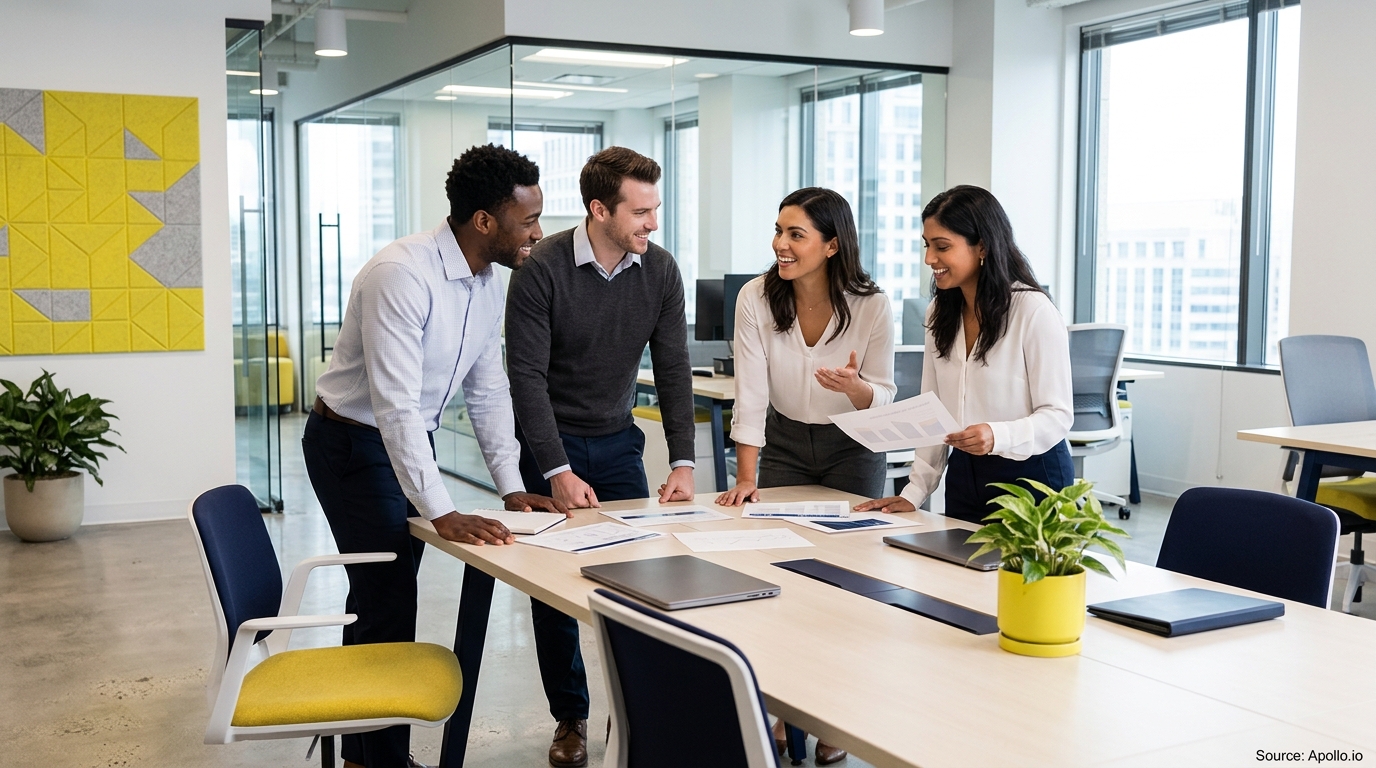 Four diverse professionals collaborate and review documents around a conference table in a bright, modern office.