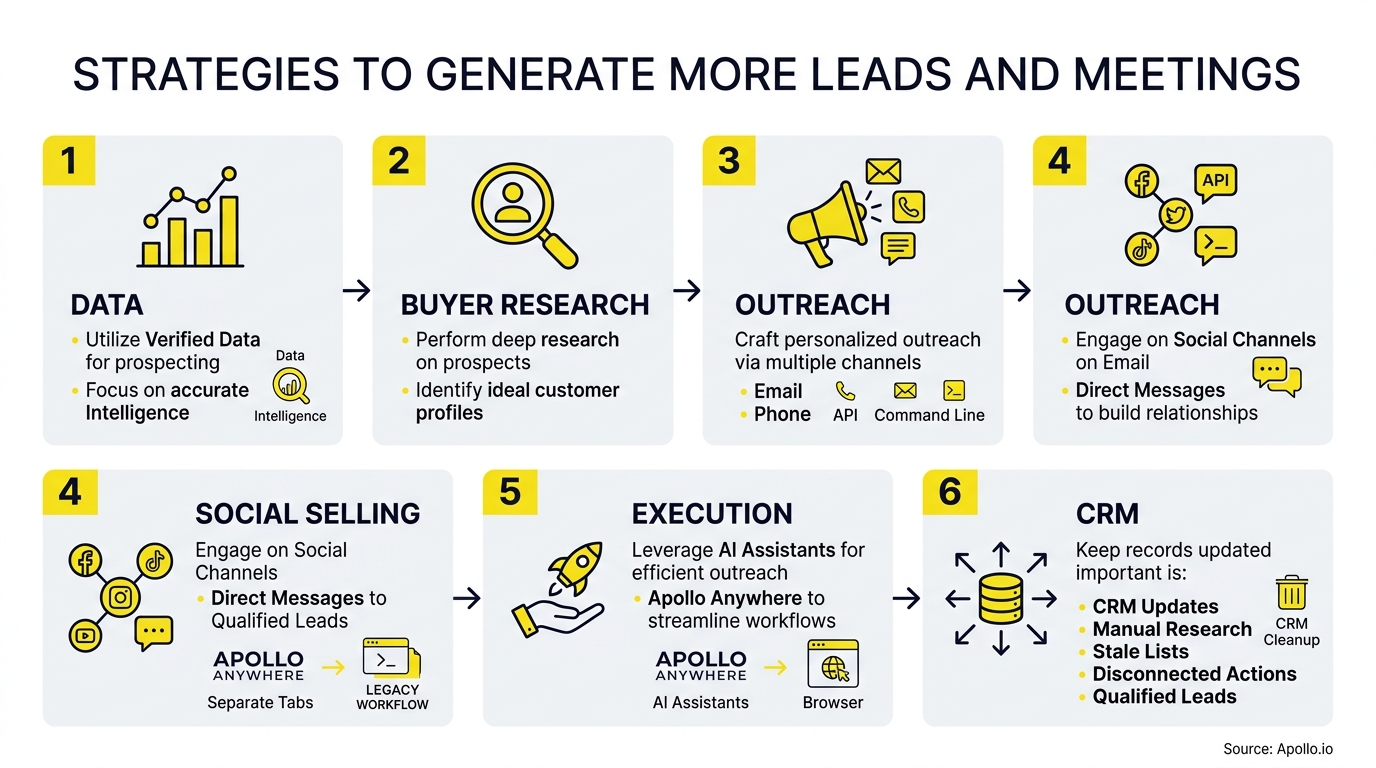 Six numbered panels outline a lead generation strategy including research, multi-channel outreach, execution, and CRM management.