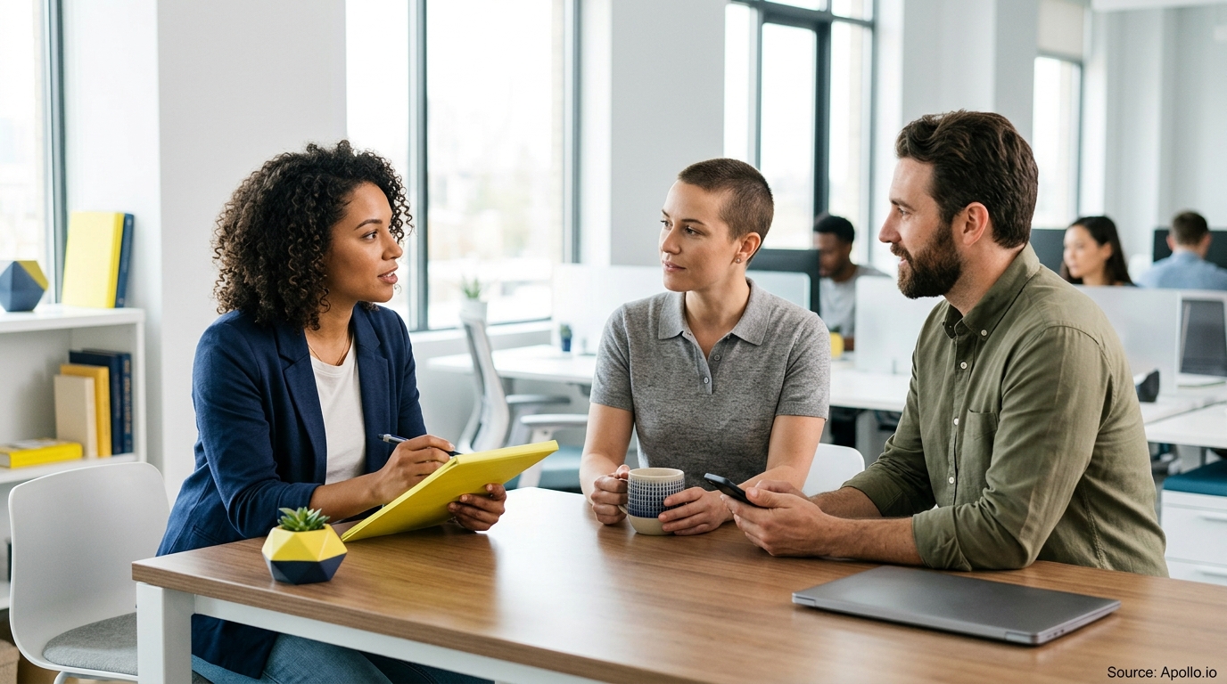 Three professionals collaborate and take notes during a business meeting in a bright, modern office.