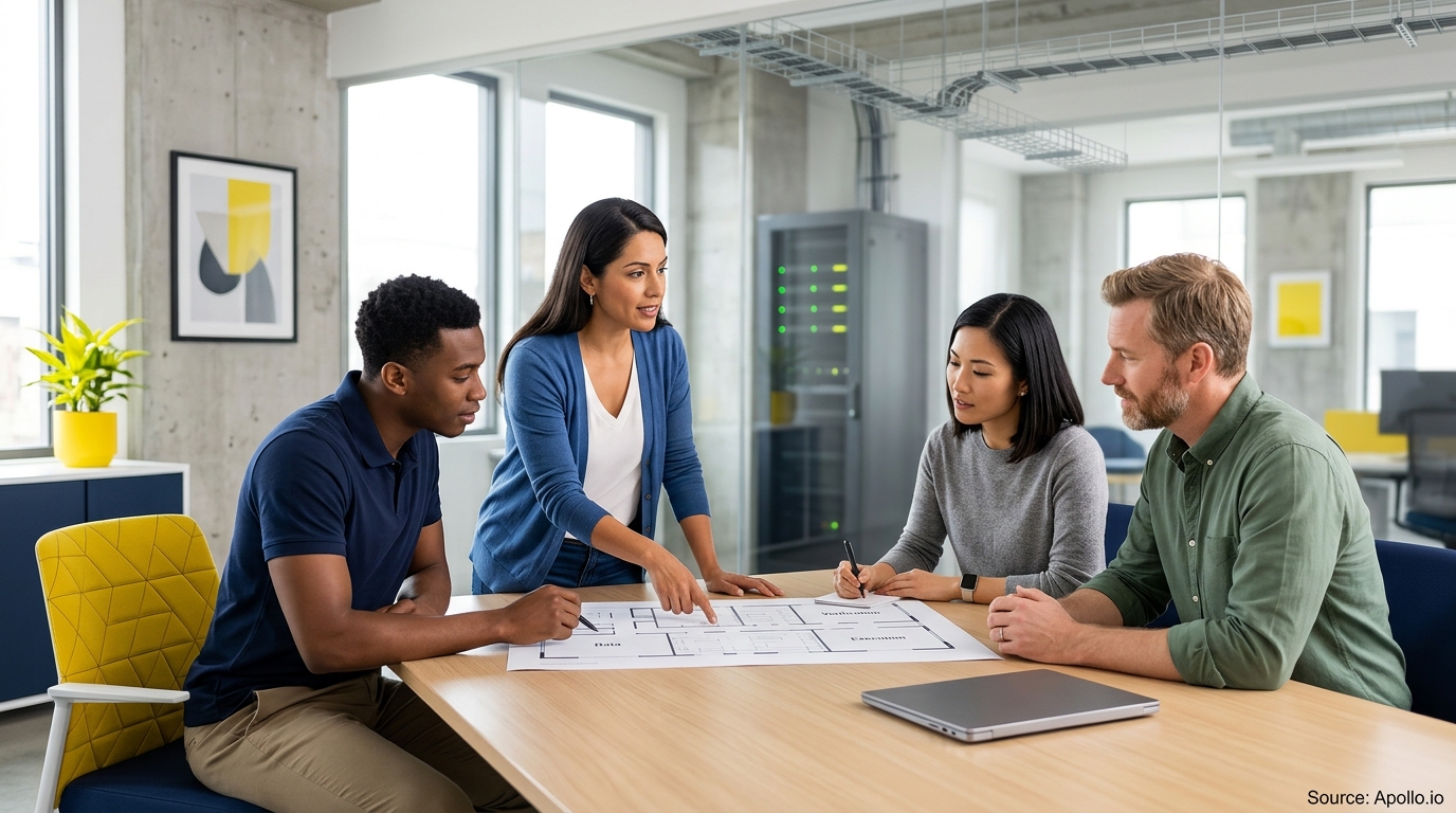 Four professionals examine a floor plan in a modern office with a visible server rack.
