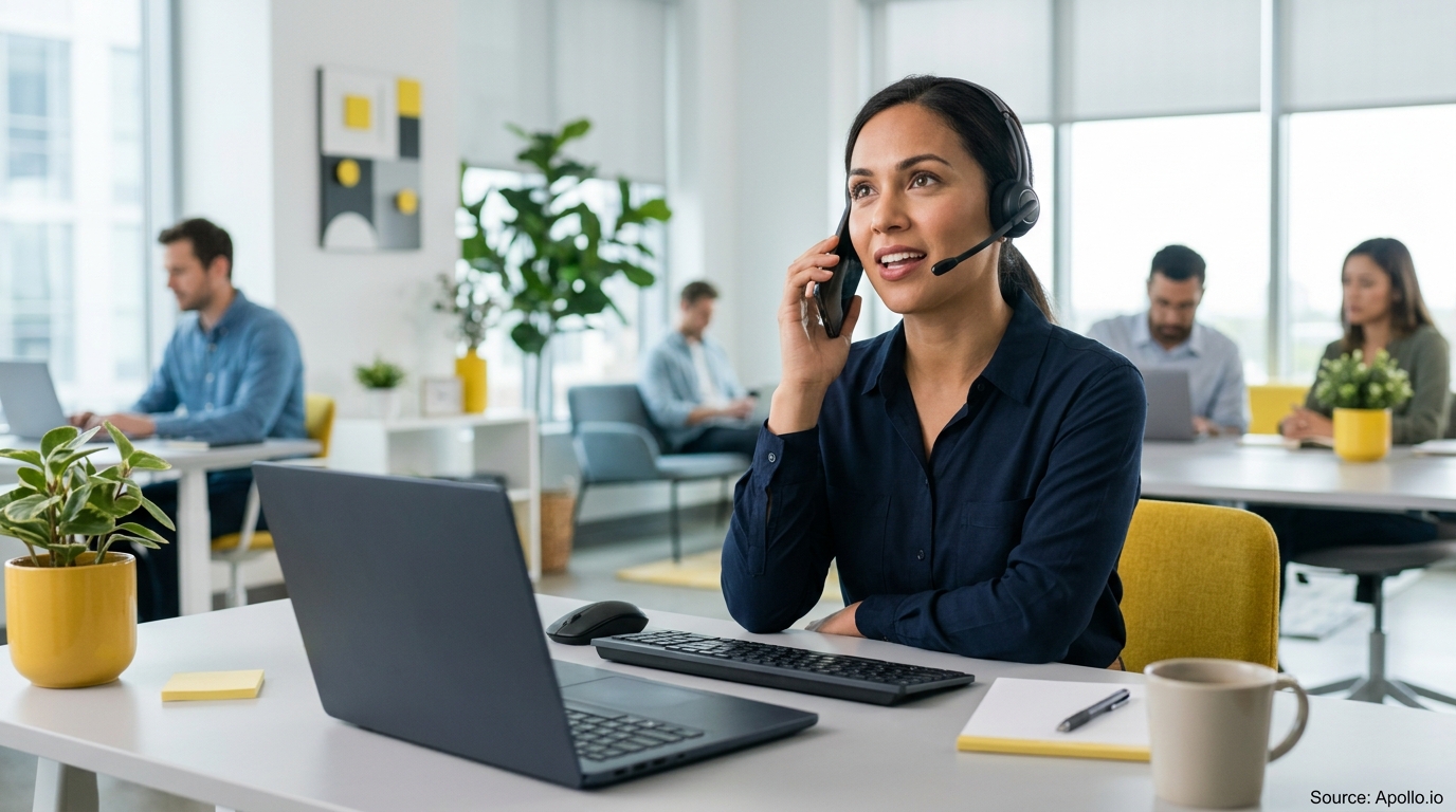 A professional woman uses a phone and headset in a modern office with four other people working.