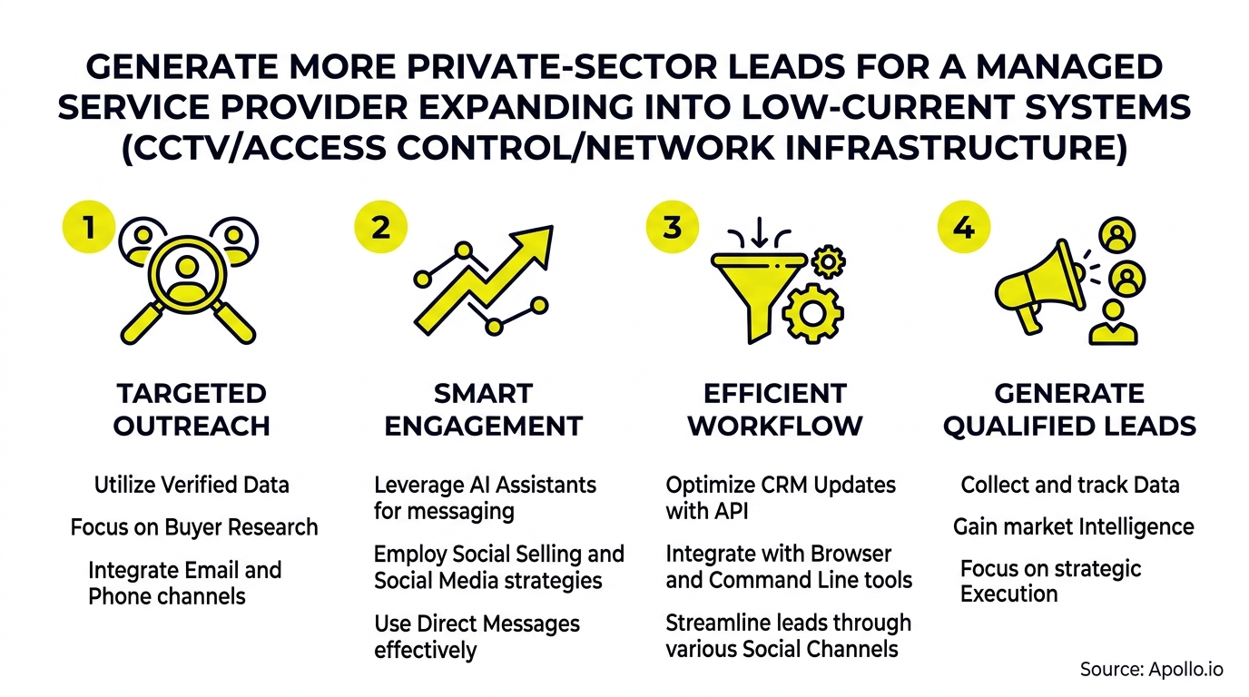 generate more private-sector leads for a managed service provider expanding into low-current systems (cctv/access control/network infrastructure). infographic, key steps and actionable takeaways