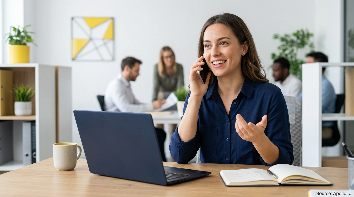 A smiling woman speaks on her phone at a desk with four colleagues in a bright, modern office.