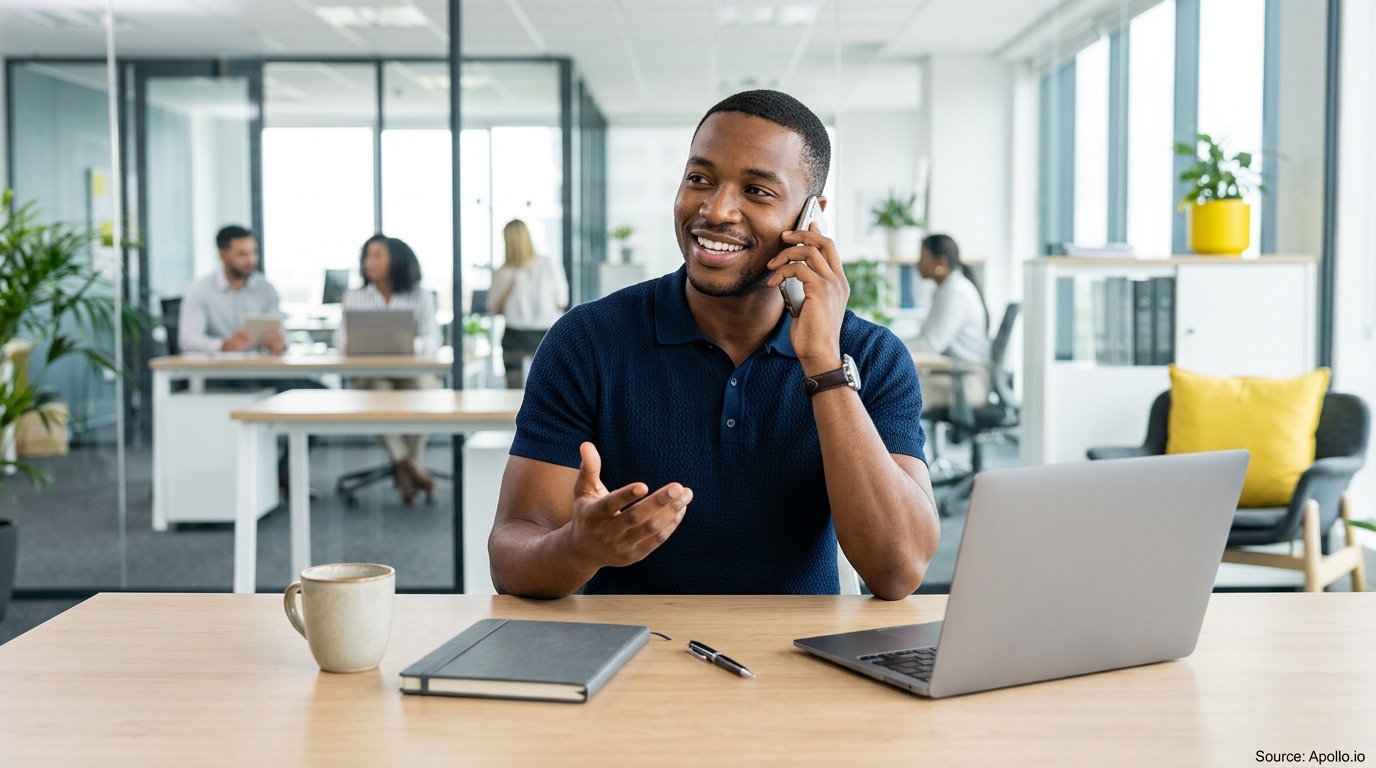 A man talks on a phone at a desk while four colleagues work in a bright, modern office.