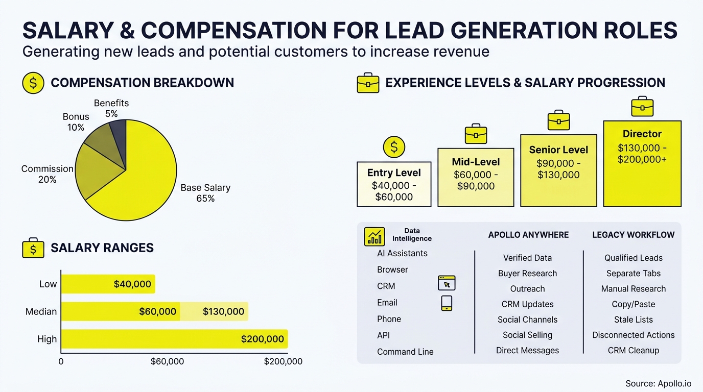 Charts and tables display salary progression, compensation breakdowns, and workflow comparisons for lead generation roles.