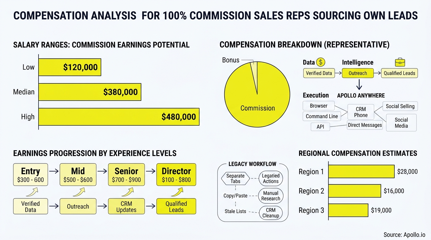 Charts and diagrams detail commission earnings potential, career progression, and lead generation workflows for sales representatives.