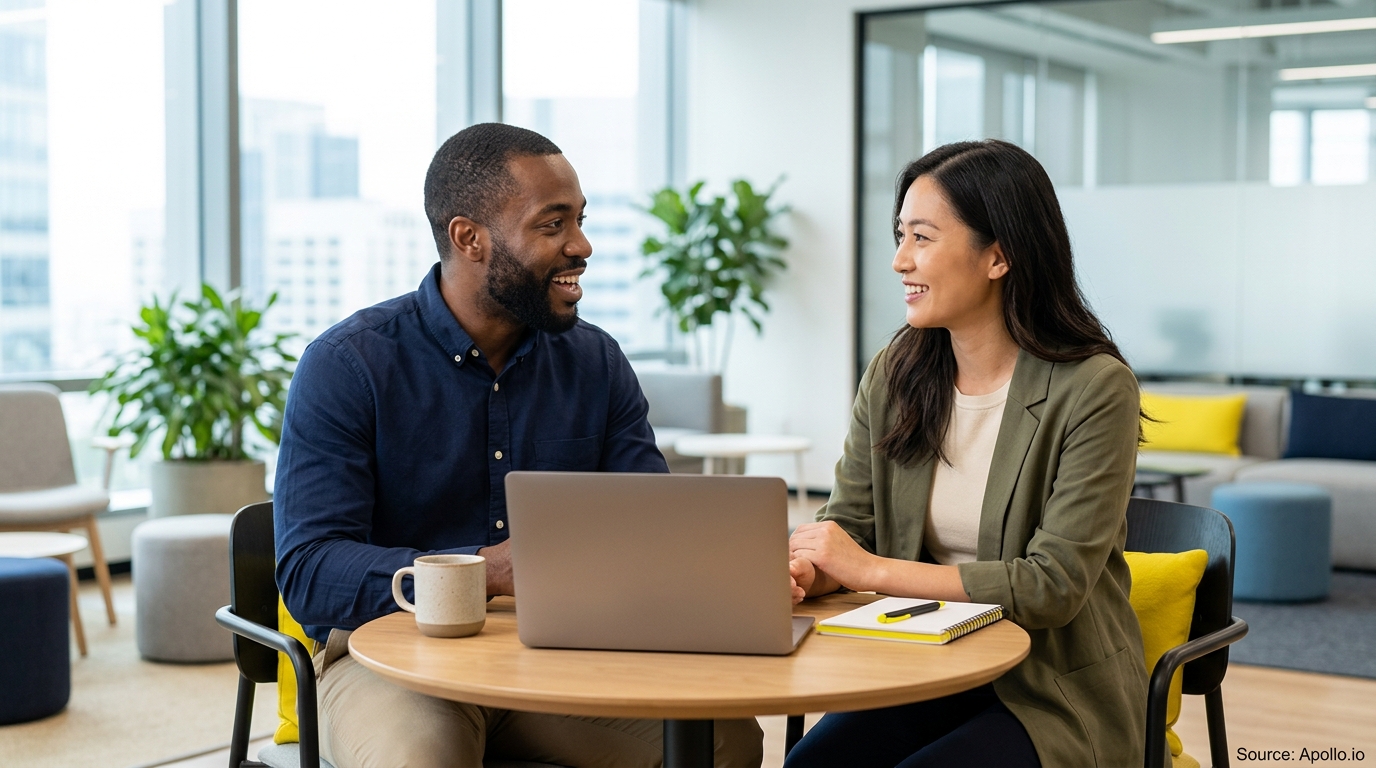 A man and woman collaborate over a laptop at a table in a bright, modern office.
