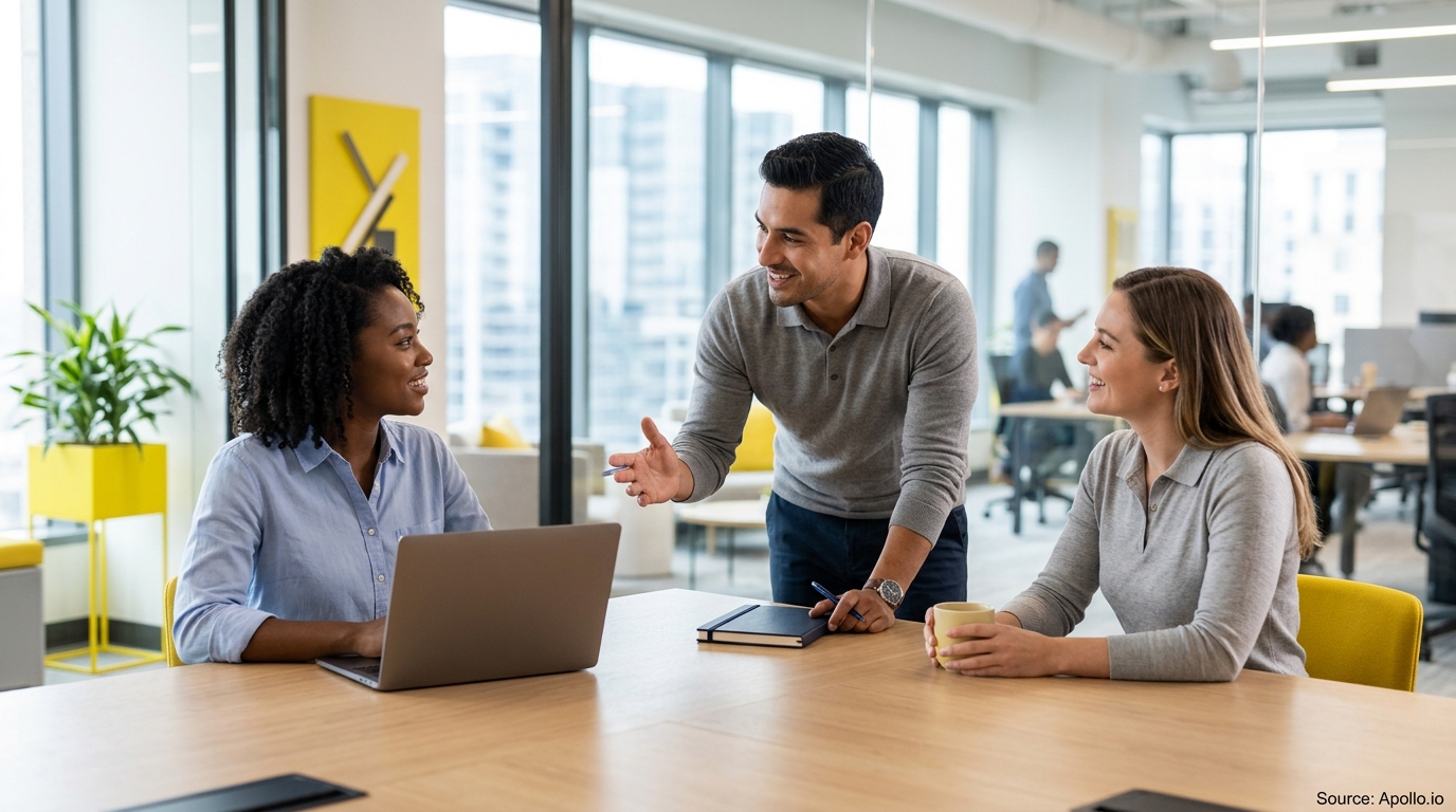 Three professionals collaborate on lead generation strategies around a laptop in a bright, modern office.