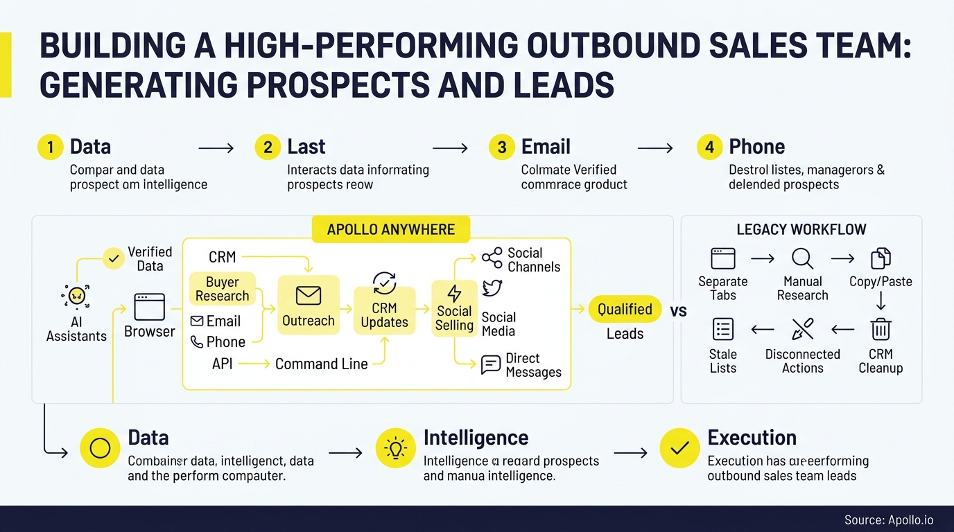 Infographic diagrams an automated lead generation process versus a manual legacy workflow for outbound sales teams.