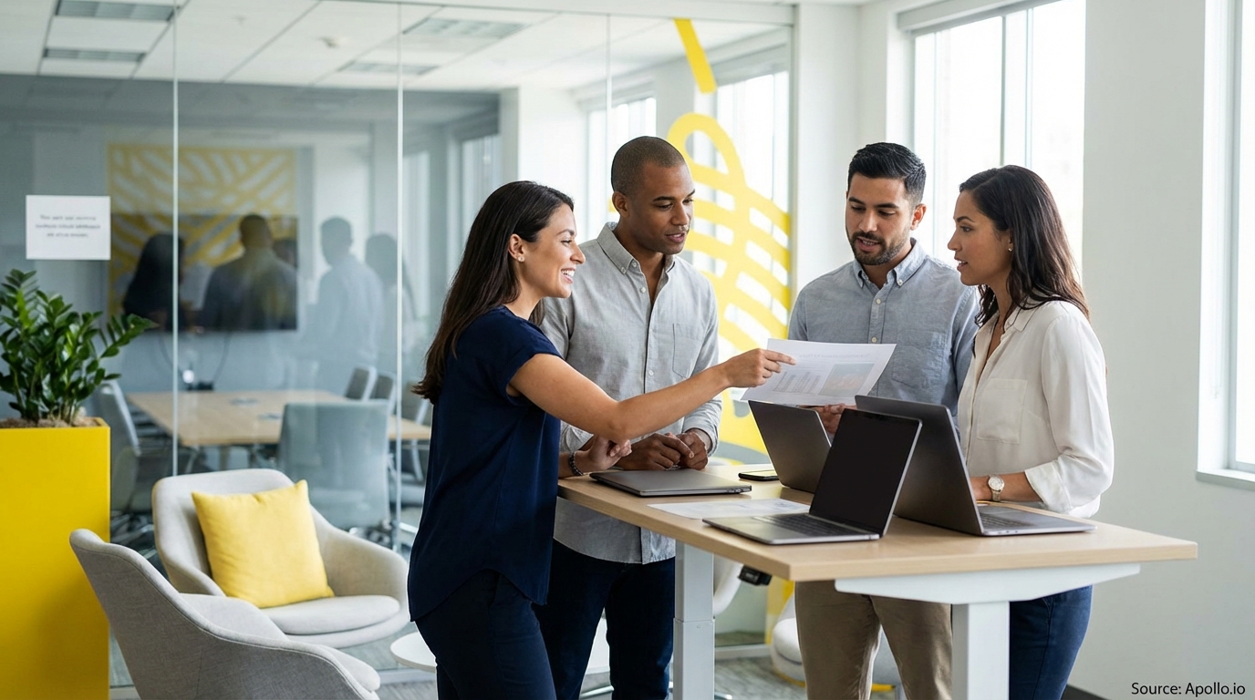 Sales team collaborating in a modern open-plan office in a sales team meeting