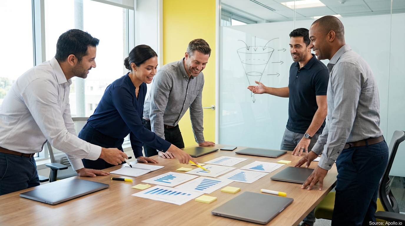 Sales professionals discussing strategy around a conference table in a sales team meeting