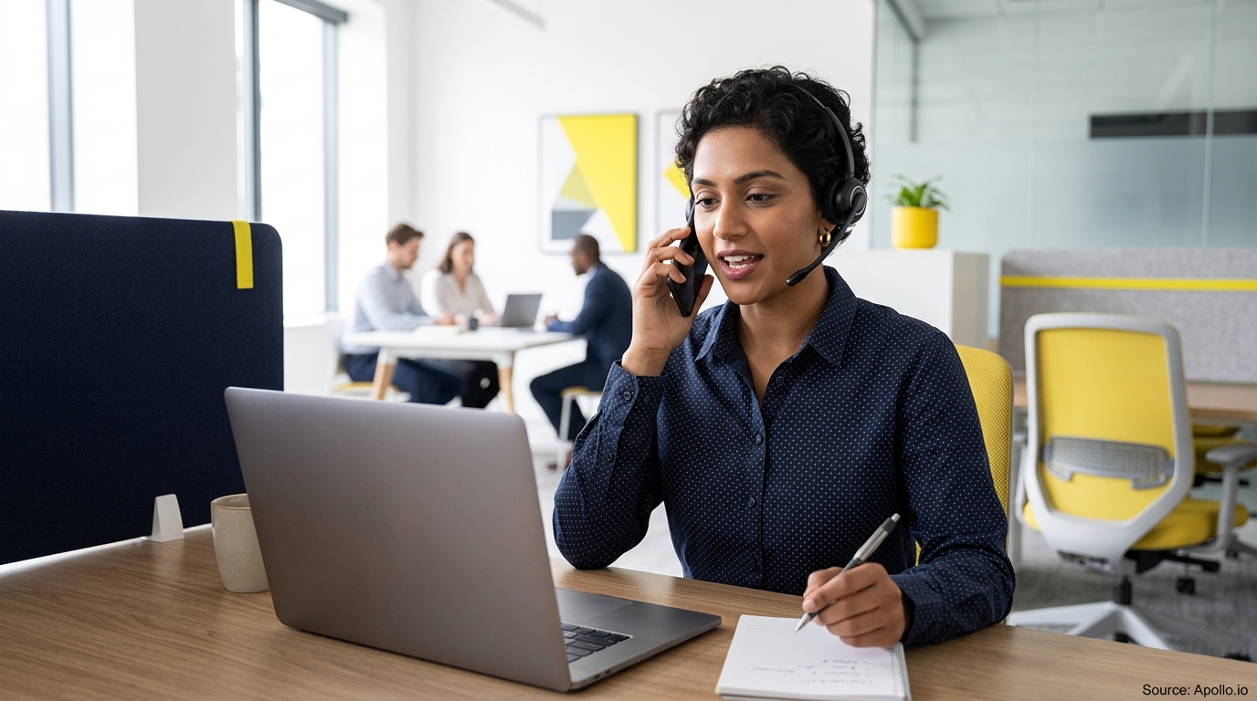 A woman wearing a headset talks on the phone while three colleagues meet in a modern office.