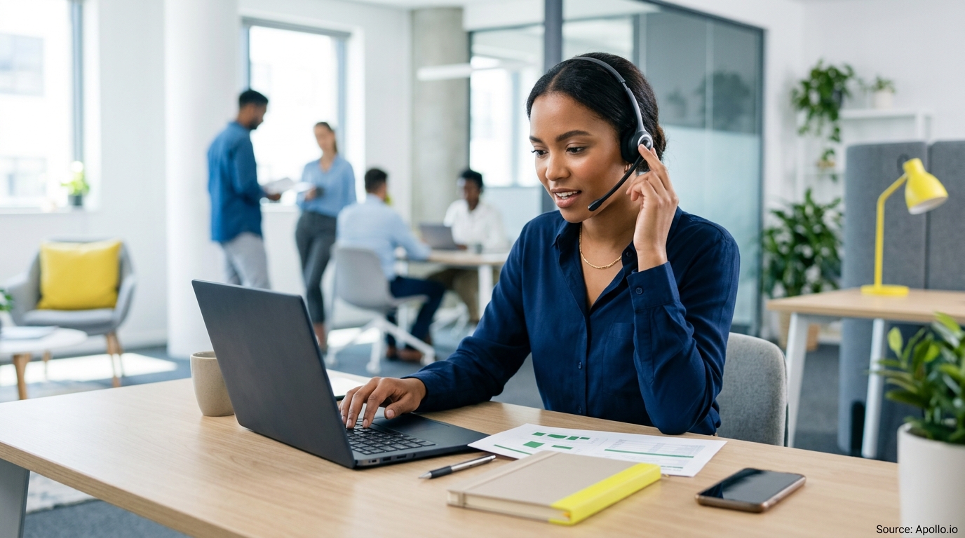 A woman wearing a headset works on a laptop while four colleagues collaborate in a bright modern office.