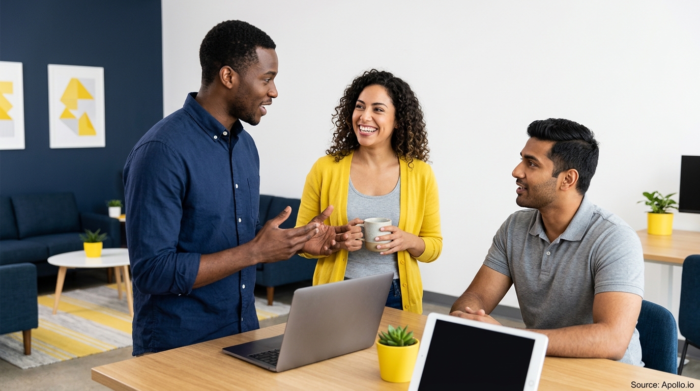 Three professionals engage in a collaborative discussion around a laptop in a modern office workspace.