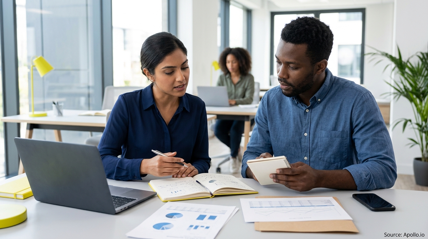 Three professionals analyze data charts and take notes at a desk in a bright, modern office.
