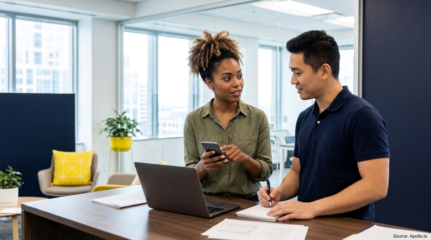 Two professionals collaborate using a smartphone and laptop at a desk in a modern office.