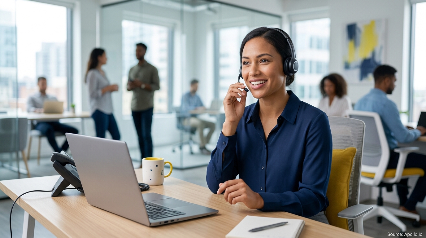 A woman wearing a headset smiles at her laptop in a bright office with several colleagues in the background.