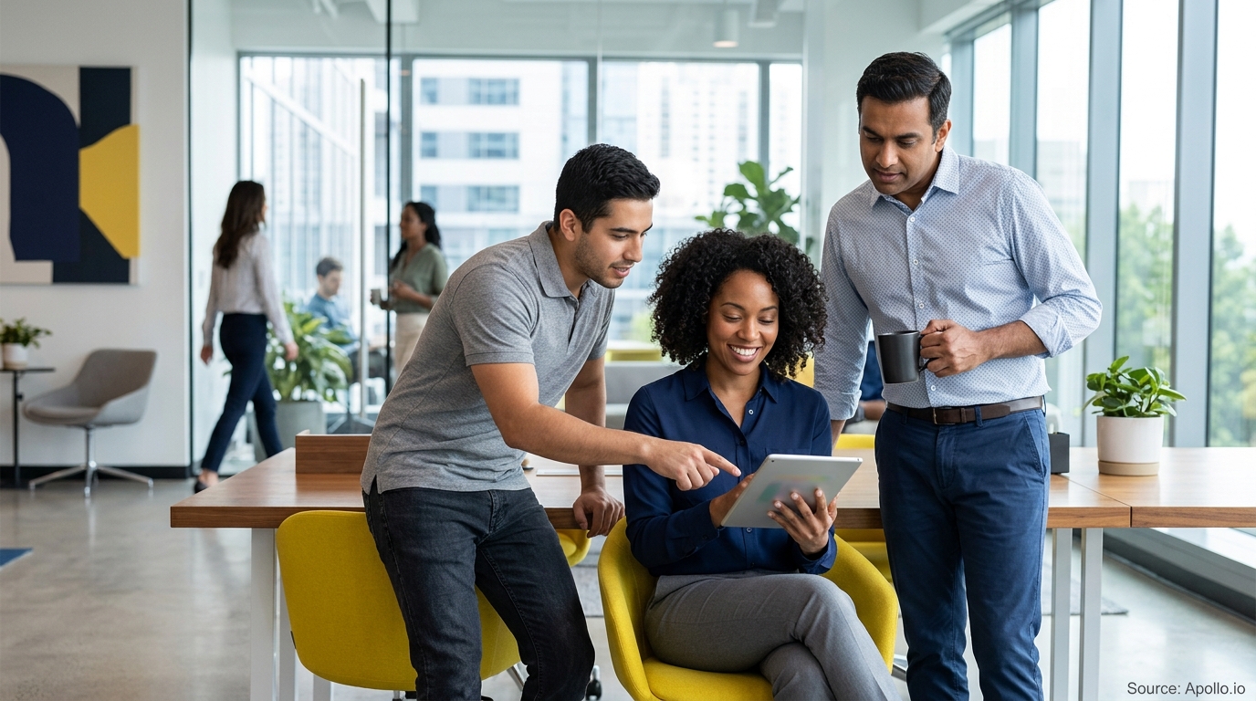 Three diverse professionals review information on a tablet together in a bright, modern office.