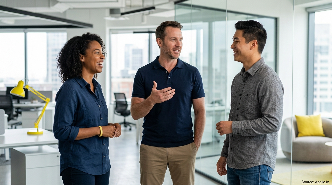 Three professionals talk and laugh together in a bright, modern office space with large windows.