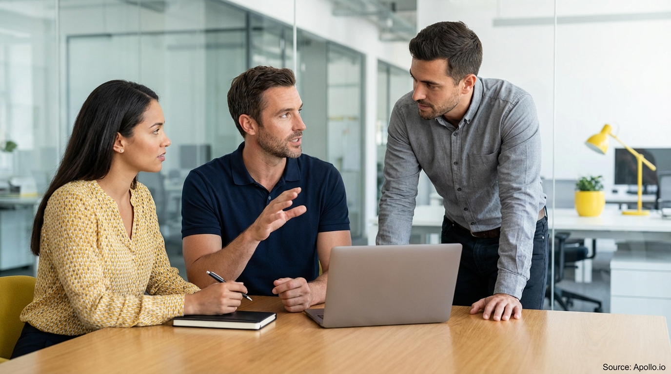 Three colleagues collaborate around a laptop at a modern office table.