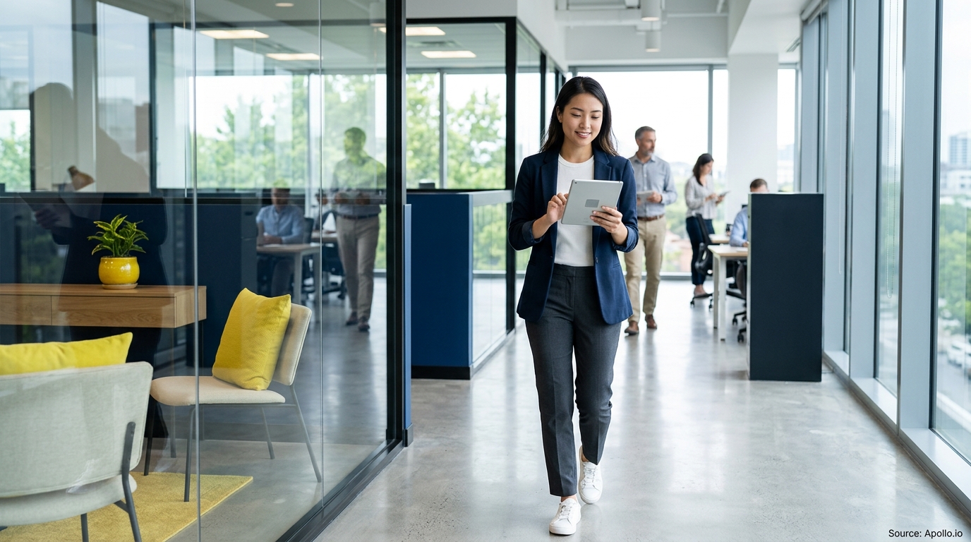 A woman walks through a modern office using a tablet while three colleagues work in the background.