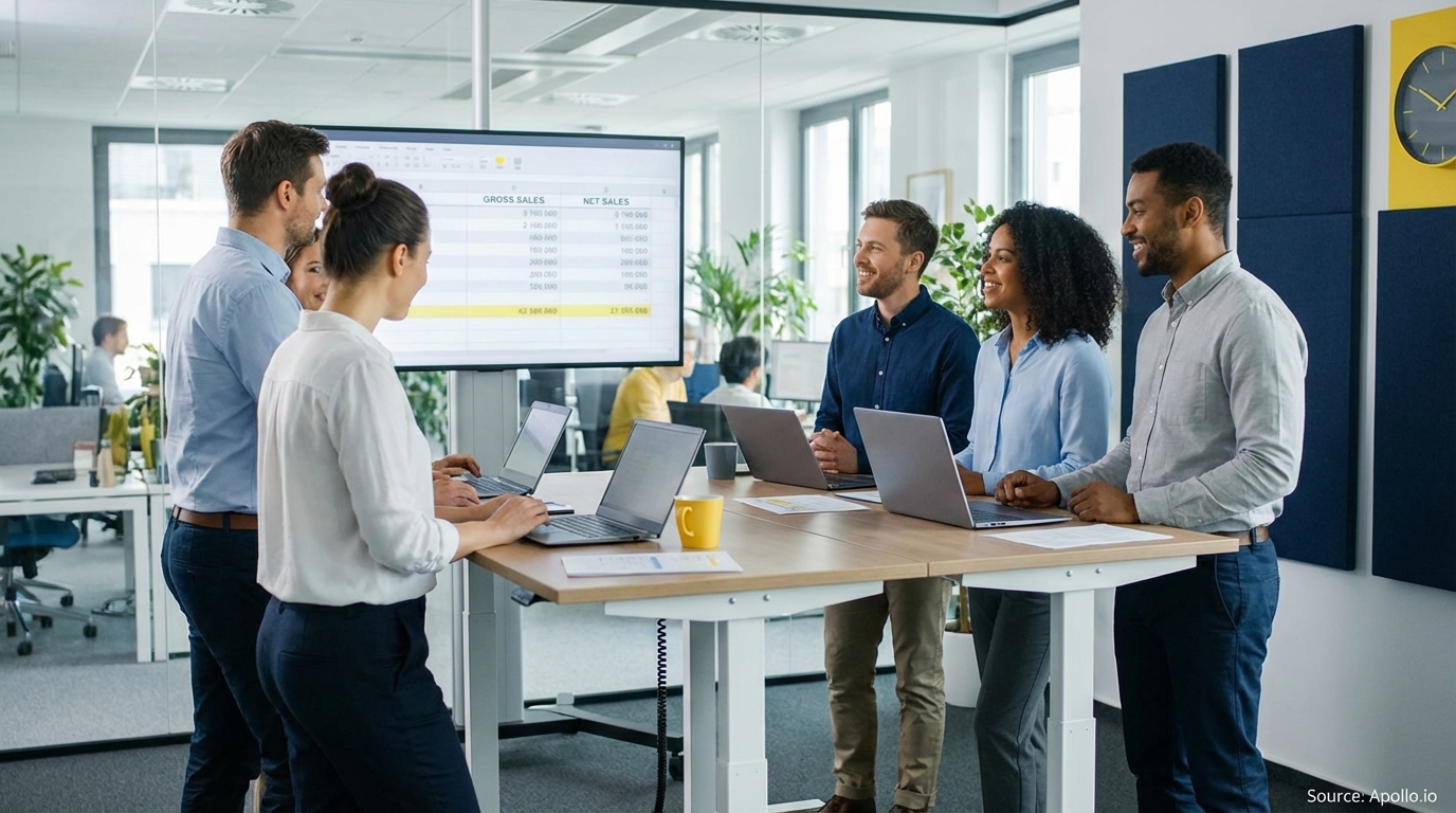 Sales team collaborating in a modern open-plan office in a sales team meeting
