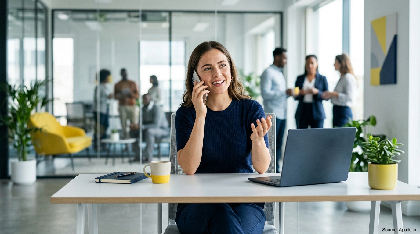 A smiling businesswoman talks on the phone at a desk with a laptop while colleagues chat in a modern office.