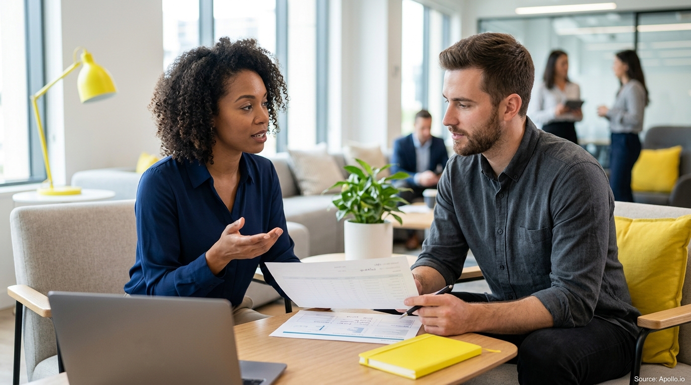 Two professionals review documents together at a table in a bright, modern open-plan office.