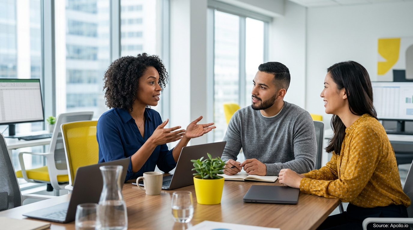 Three diverse professionals collaborating around a conference table with laptops in a bright, modern office.