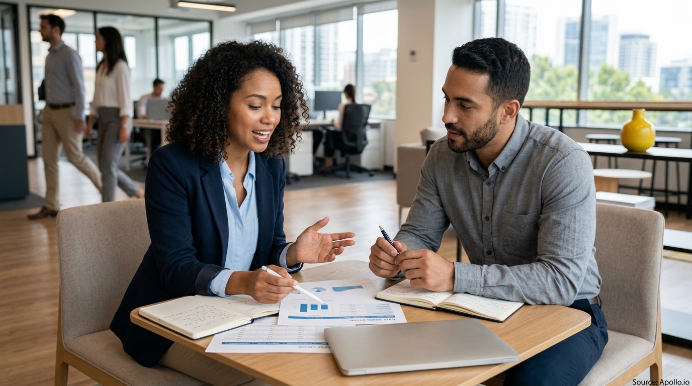 Two professionals review charts and discuss data at a table in a modern open-plan office.