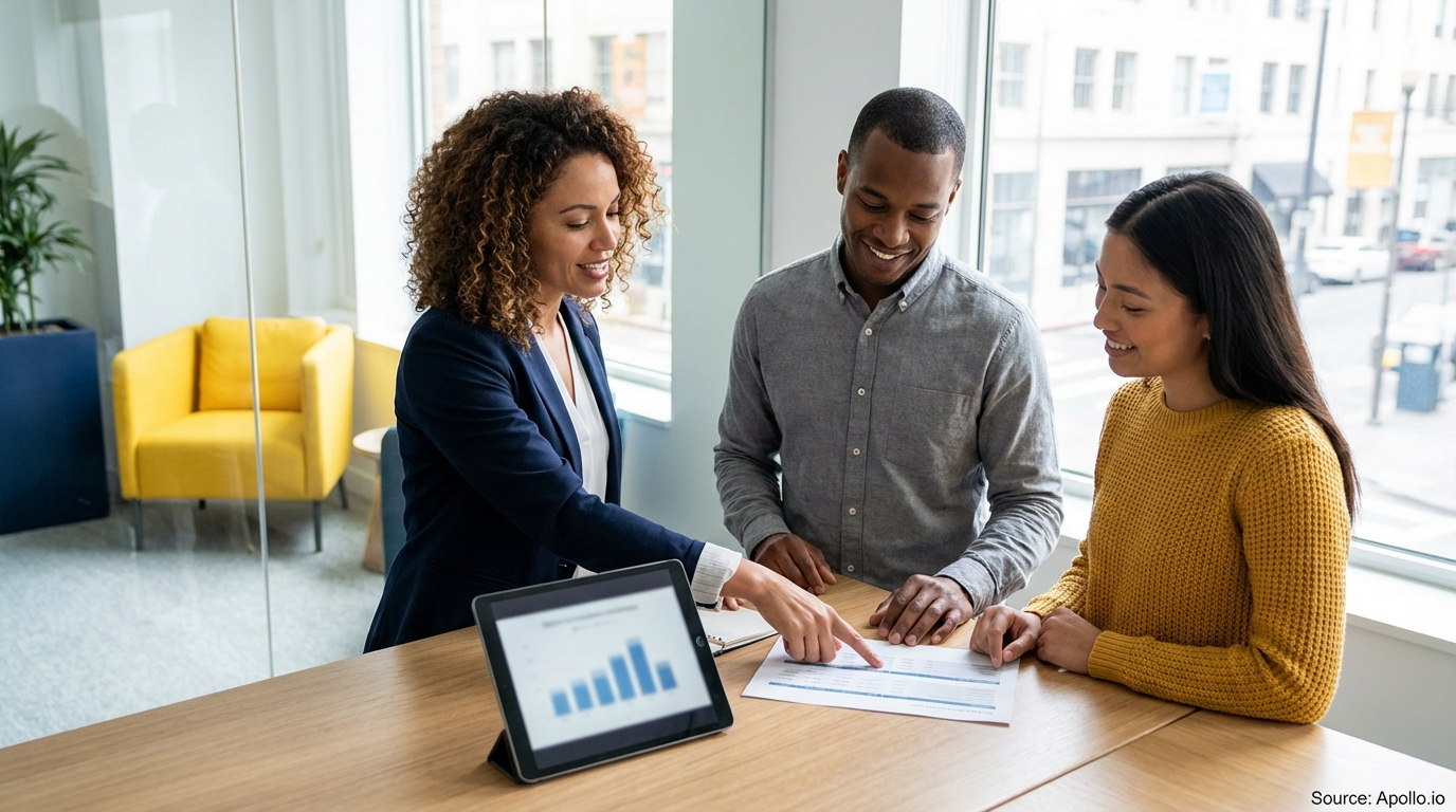 Three colleagues reviewing documents and a tablet display in a bright office.