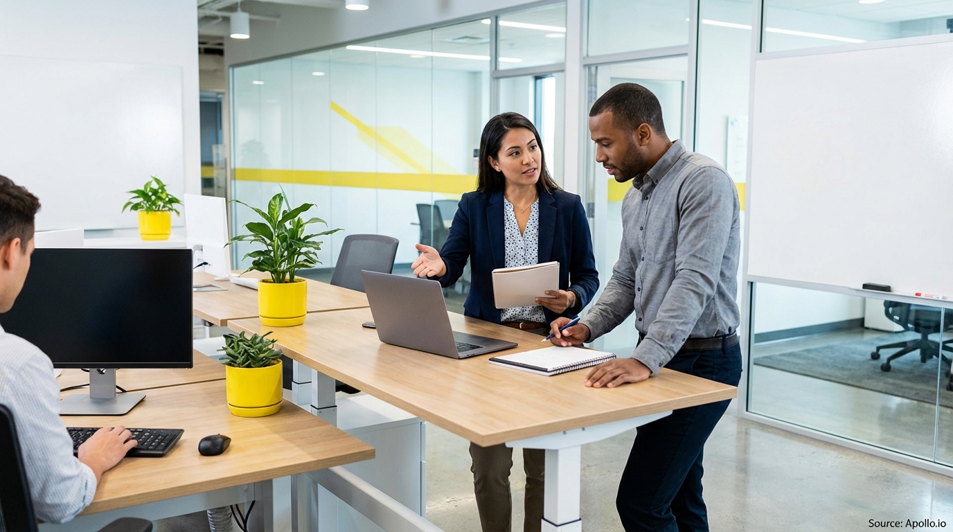 Two colleagues discuss next to a laptop while another works at a computer in a modern office.