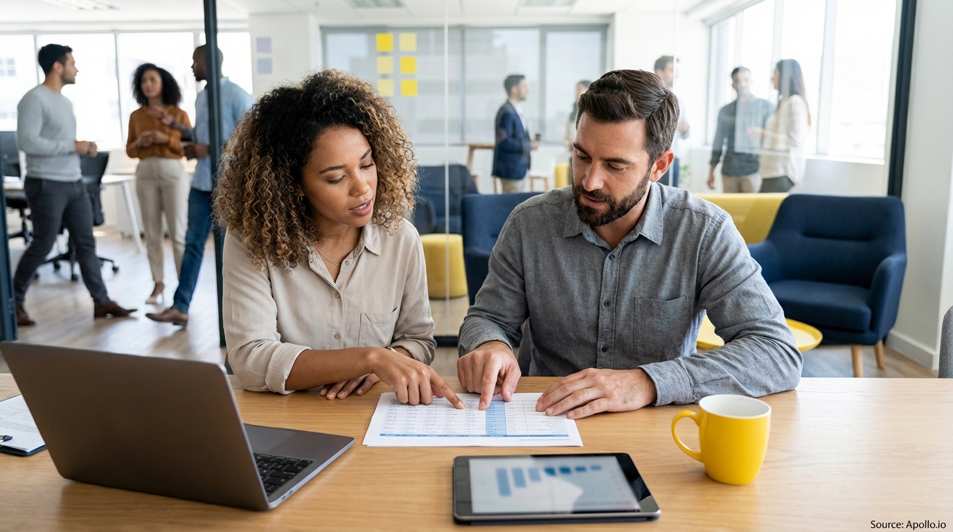 Two professionals analyze data on a document and tablet in a modern office.