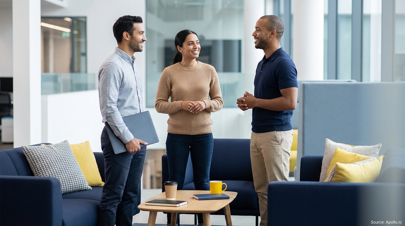 Three smiling professionals discussing in a bright, modern office lounge.