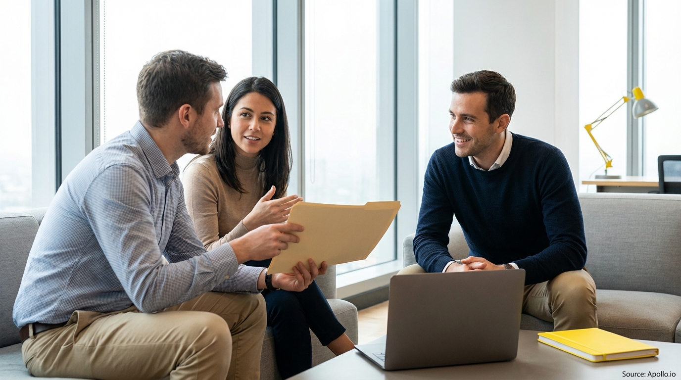 Three colleagues discuss a document in a bright, modern office.